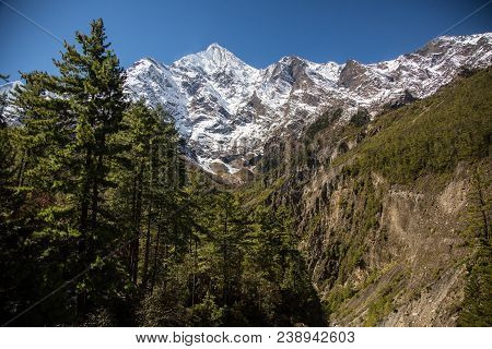 Image Of Annapurna Range On The Annapurna Circuit Trek In Nepal. Amazing Views Of Snow Capped Peaks 