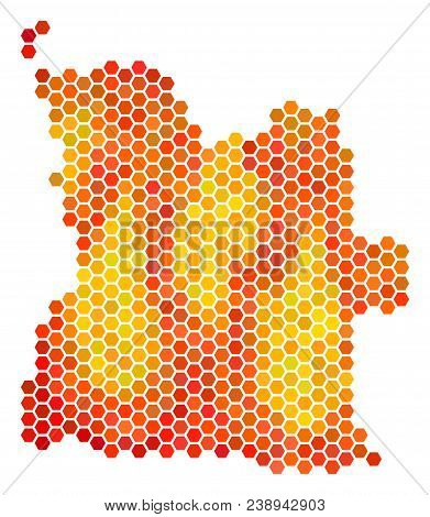 Angola Map. Vector Hex Tile Territorial Plan In Flame Color Variations. Abstract Angola Map Collage 