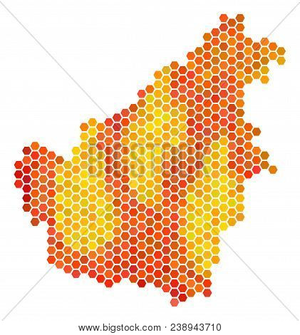 Borneo Island Map. Vector Hexagonal Territorial Map In Hot Color Tints. Impressive Borneo Island Map