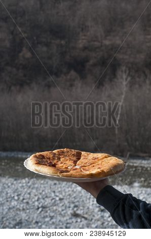 Caucasian Khychin Bread Pie With Meat Close