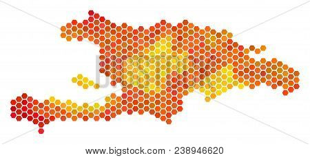 Haiti And Dominican Republic Map. Vector Hex-tile Territorial Plan Using Flame Color Shades. Abstrac