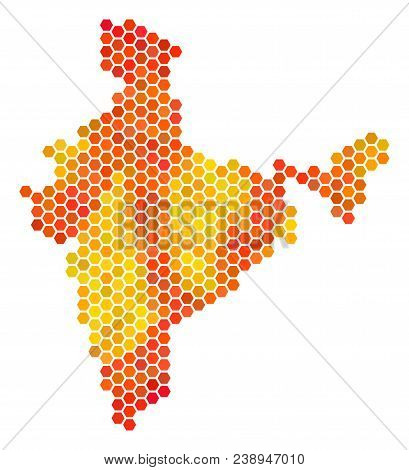 India Map. Vector Hex Tile Geographic Scheme In Fire Color Shades. Impressive India Map Collage Is O