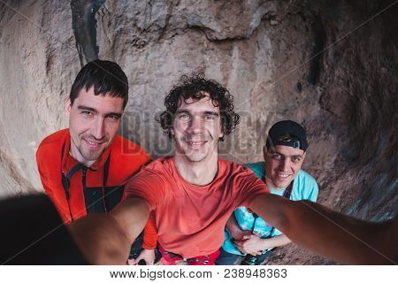 Selfi Three Men. Friends Rest Together. Active Lifestyle. Traveling With Friends. A Rock Climber Nea