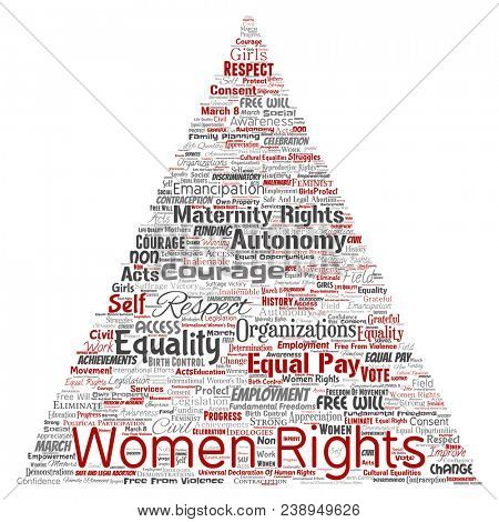 Conceptual women rights, equality, free-will triangle arrow red word cloud isolated background. Collage of feminism, empowerment, integrity, opportunities, awareness, courage, education concept