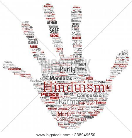 Conceptual hinduism, shiva, rama, yoga hand print stamp word cloud isolated background. Collage of mandalas, samsara, celebration, tradition, peace, compassion, rebirth, karma, dharma concept