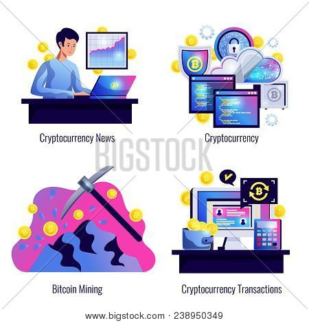 Cryptocurrency 2x2 Design Concept Set Of Bitcoin Mining Finance Market News And Cryptocurrency Trans