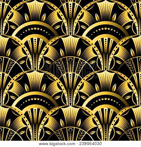 Antique Vector Seamless Shell Gold Art Deco Pattern. Geometrical Wavy Background From Golden Fan
