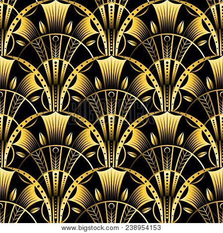 Antique Vector Seamless Shell Gold Art Deco Pattern. Geometrical Wavy Background From Golden Fan