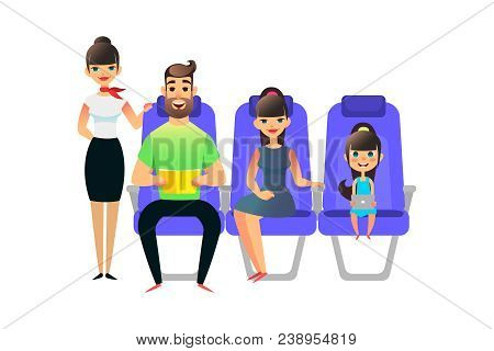 Happy Cartoon Family Travel. Travelling People Passengers And On Board Of The Airplane. Man Woman An