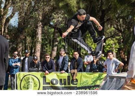 LOULE, PORTUGAL - APRIL 29, 2018: Guilherme Lima during the 1st Stage DC Skate Challenge by Moche.