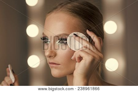 Woman Use Cotton Pad For Cleaning Face Skin. Woman Remove Makeup With Cotton Pad. Beauty Model With 