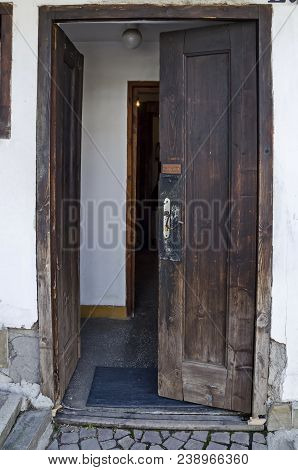 Blagoevgrad, Bulgaria - March 17, 2018: View Toward Main Entrance In Old House, Residential District