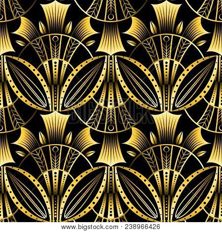 Antique Vector Seamless Shell Gold Art Deco Pattern. Geometrical Wavy Background From Golden Lotus F