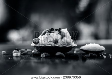 Popular Indian And Asian Dessert Suji Ka Halwa Or Rava With Organic Almonds, Cashews And Black & Gol