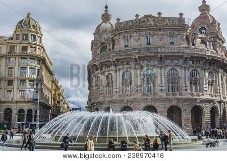 Genoa, Italy - March 9, 2018: Unidentified People On The Piazza De Ferrari In Genoa, Italy. Piazza D