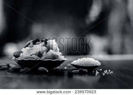Popular Indian And Asian Dessert Suji Ka Halwa Or Rava With Organic Almonds, Cashews And Black & Gol