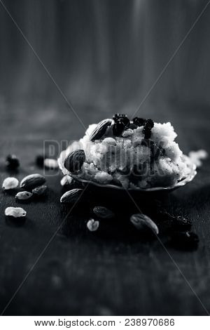 Popular Indian And Asian Dessert Suji Ka Halwa Or Rava With Organic Almonds, Cashews And Black & Gol