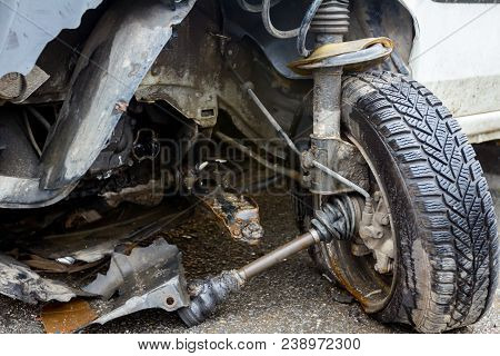 Wrecked And Crashed Front Side, Destroyed Mechanism Of Lever Steering Wheel.