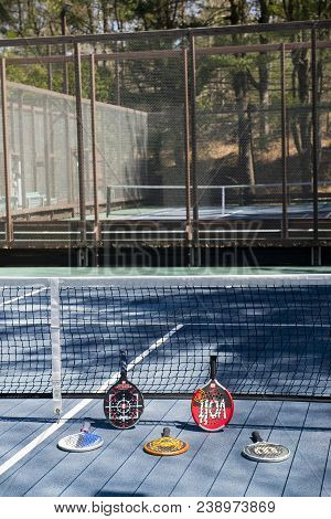 Pound Ridge, New York-april 18: Platform Tennis Paddles Are Seen At Private Club Platform Paddle Cou