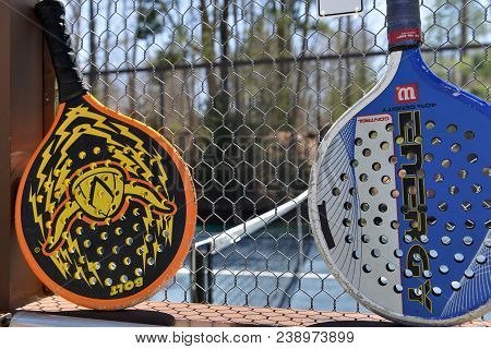 Pound Ridge, New York-april 18: Platform Tennis Paddles Are Seen At Private Club Platform Paddle Cou