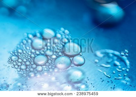 Macro Close Up Of Blue Soap Bubbles Look Like Scientific Image Of Cell And Cell Membrane.