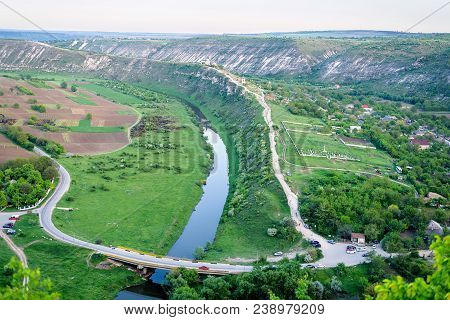 Green Spring Sunset Landscape At Orheiul Vechi Butuceni Village And Hills In Moldova, Raut River