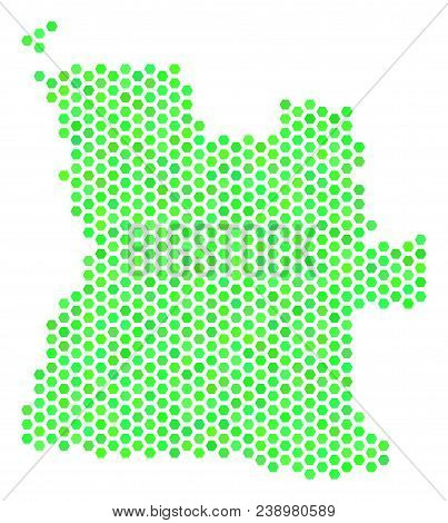 Fresh Green Angola Map. Vector Hex Tile Geographic Plan Drawn With Fresh Green Color Tinges. Abstrac