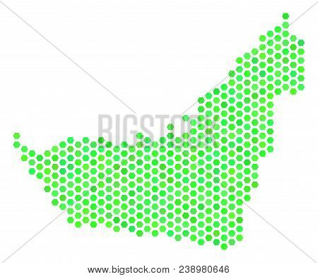 Green Arab Emirates Map. Vector Hex Tile Territory Scheme Using Green Color Tinges. Abstract Arab Em