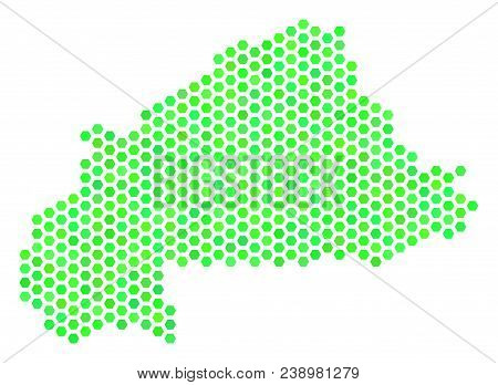 Eco Green Burkina Faso Map. Vector Hex Tile Territorial Scheme In Eco Green Color Hues. Abstract Bur