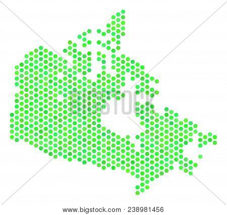 Eco Green Canada Map. Vector Hex-tile Geographic Scheme In Eco Green Color Tinges. Abstract Canada M