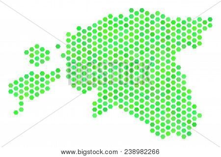 Green Estonia Map. Vector Hex Tile Geographic Map Drawn With Fresh Green Color Tinges. Abstract Esto
