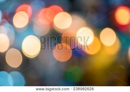 Defocused Urban Abstract Texture Background For Your Design. Multicolored Defocused Bokeh Lights Bac