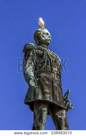 Helsinki. Finland.april 7, 2018.view Of The Monument To Emperor Alexander Ii On Senate Square In Hel