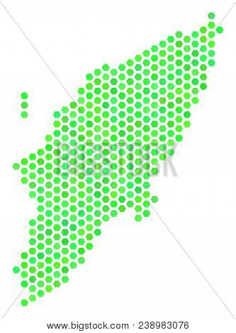 Green Greek Rhodes Island Map. Vector Hex-tile Territorial Map In Fresh Green Color Variations. Abst