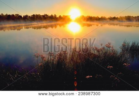 Sunrise On The River, Mist Beautiful Reflection And Light