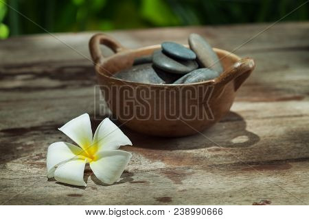 Close Up View Of Gray Stones And Flower On Color Back.