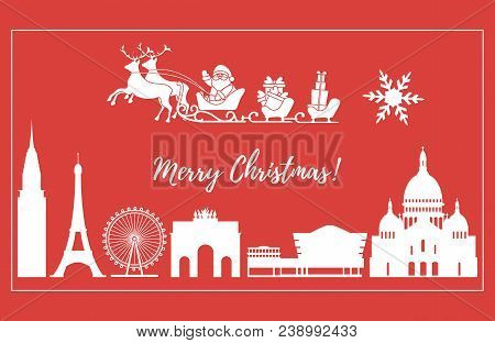 Santa Claus With Christmas Presents In Sleigh With Reindeers Over Famous Buildings And Constructions