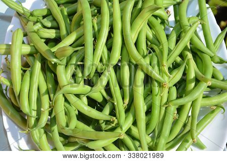 Snap Beans On The Plate. Green Beans Casserole, String Beans, Or Snap Beans. Vegan Food.