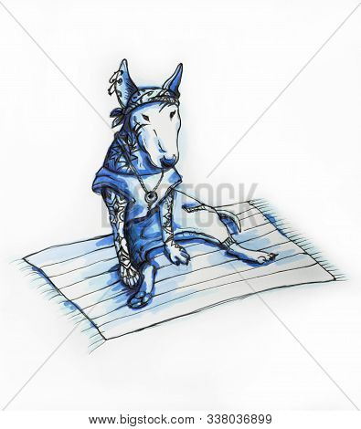 A Humanized Hipster Dog Character Sitting On A Rug On An Isolated Background. Hand Painted Illustrat