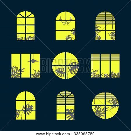 Collection Of Windows Silhouette Of Various Designs Isolated. Windows Light City At Night. Vector Il