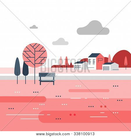 Autumn Park Scene, Small Bench At River, Romantic Place, Beautiful View, Nice Neighborhood, Countrys