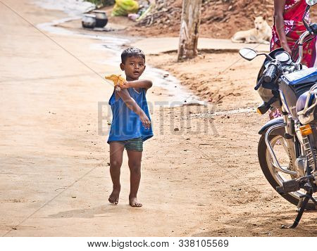 Puducherry, India - December Circa, 2018. Unidentified Indian Small Dalit Kid 4 Years Alone On The S