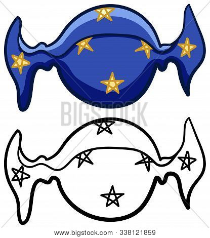 Candy In Blue Wrapper With Yellow Stars In Colored And Line Versions On White Background
