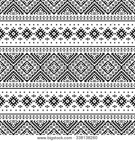 Tribal Ethnic Pattern In Black And White Color. Bw Seamless Ethnic Pattern Design For Bakcground, Wa