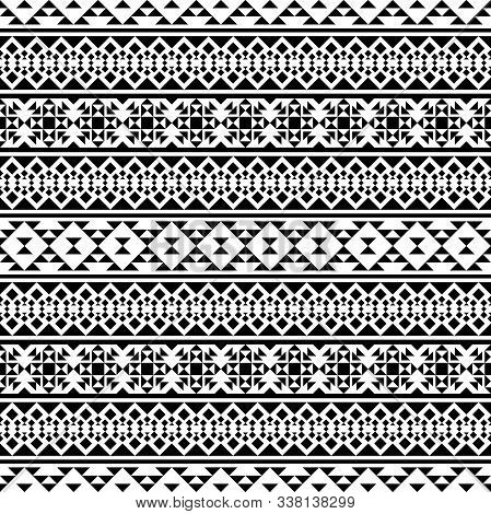 Tribal Ethnic Pattern In Black And White Color. Bw Seamless Ethnic Pattern Design For Bakcground, Wa