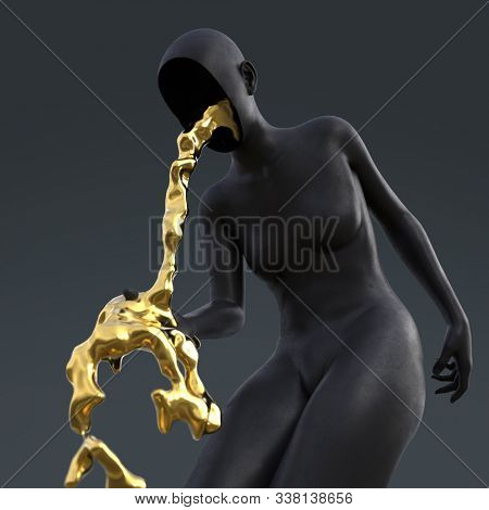 artificial woman vomits strange liquid, 3d illustration