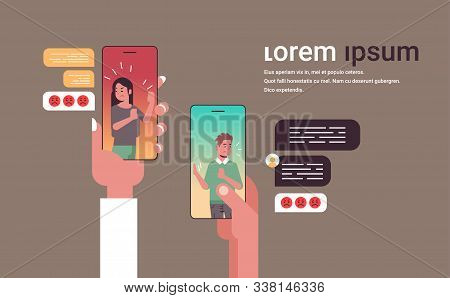 Human Hands Using Chatting App People Arguing By Phone Social Network Chat Bubble Communication Conc