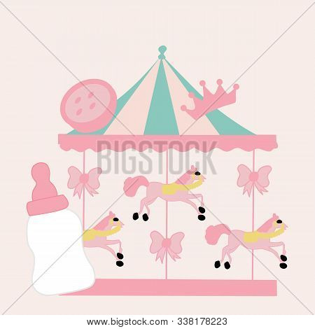 Hourse Carousel And Baby Girl Toys, Vector Illustration