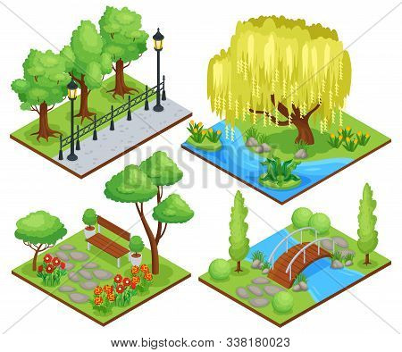 Natural Park Protected Landscape Recreation Areas Concept 4 Isometric Compositions With Weeping Will