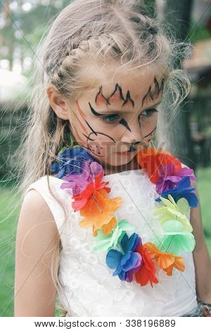 Portrait Of Little Caucasian Girl With Bright Fairy Charachter Make Up